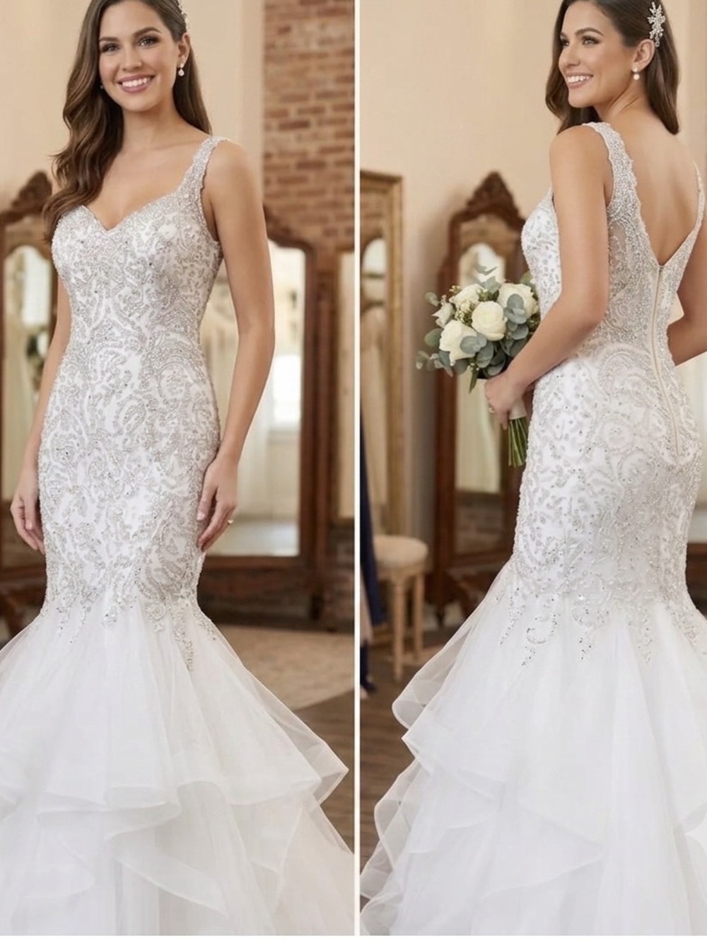 Beaded Mermaid Wedding Dress in White with Lace Straps